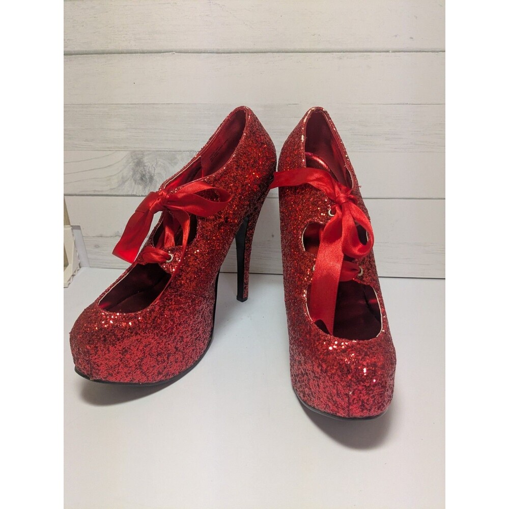Bordello Teeze-10G Red Glitter Shoes With Satin Lace Up Ribbon sz 12
